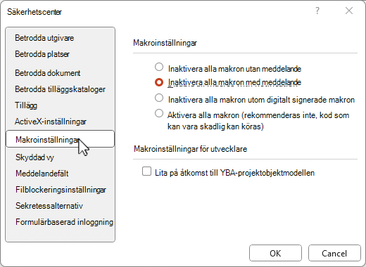 Makroinställningar för Säkerhetscenter