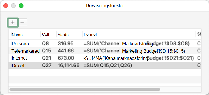 Visningsfönstret i Excel 2021 för Mac visar namn, cell, värde och formel