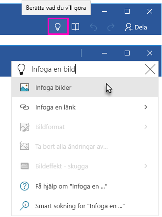 Menyfliksområdet i Word med textfältet Berätta