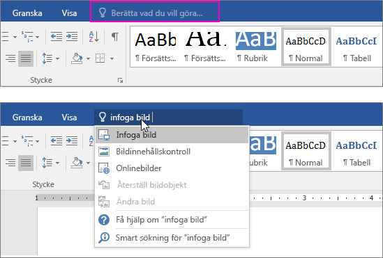 Visar sökrutan Berätta i menyfliksområdet i Word.