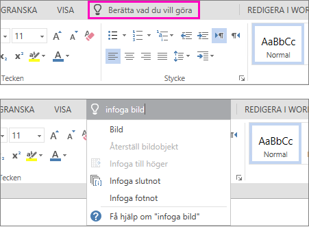 Visar sökrutan Berätta i menyfliksområdet i Word Online.