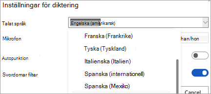 Språk som du kan diktera i