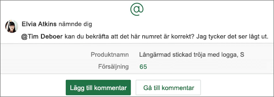 Kalkylblad med @omnämnande och knapparna Lägg till en kommentar och Gå till kommentar