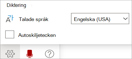Visar verktygsfältet Diktera
