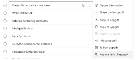 Dialogruta med uppgifter. Knappen Kopiera länk till uppgift är markerad.