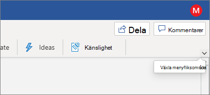 Modernt menyfliksområde med kontrollen Växla menyfliksområde markerad