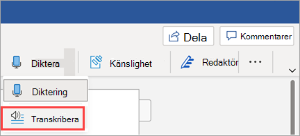 Visar knappen Transkribera i Word