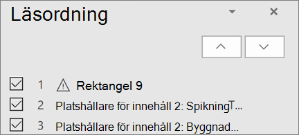 Lista med objekt i läsordning på en bild med upp- och nedpilarna för att ordna om dem