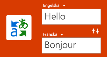 Skärmbild av knappen Translator och ett ord på engelska och dess översättning på franska.