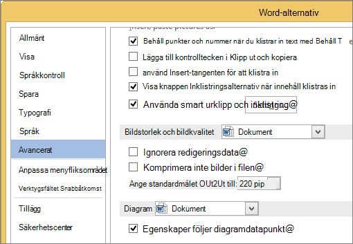 Alternativ för Bildstorlek och bildkvalitet i Word