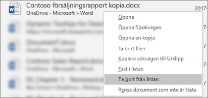 Snabbmenyn som visas när du högerklickar på en fil i listan Senaste filer