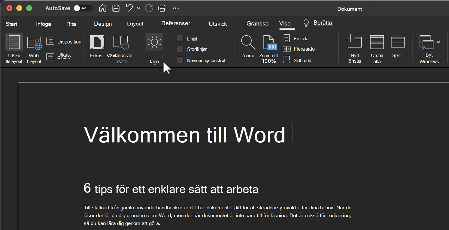Byt läge för funktionen Mörkt läge.