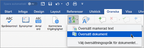 Fliken Granska med Översätt dokument markerad