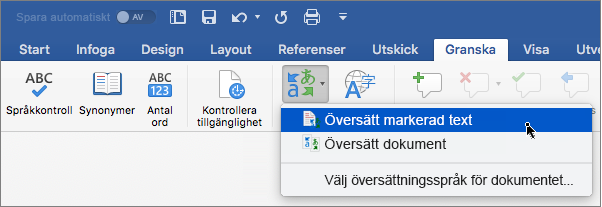 Fliken Granska med Översätt markering markerad