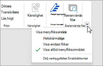 Meny för visningsalternativ i menyfliksområdet