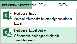 Redigera i Excel Online på menyn Redigera arbetsbok
