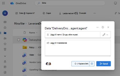 OneDrive-delningsdialogrutan med alternativ för att ange behörigheter och skicka eller kopiera en länk för en agentfil