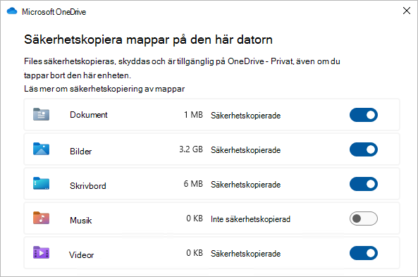 Skärmbild som visar markeringsdialogruta för säkerhetskopiering av OneDrive-mappar