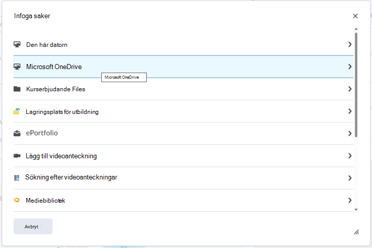 Bädda in en OneDrive-fil i Brightspace-redigeraren med infoga saker-menyn.