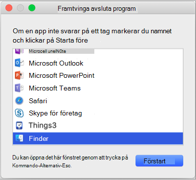 Visar Finder markerat i fönstret Framtvinga avsluta program.
