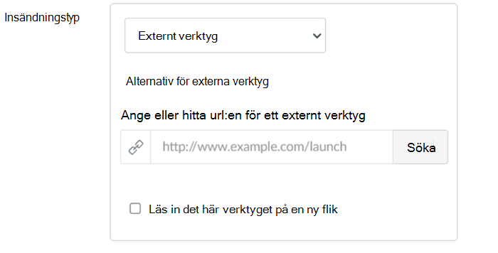 Listrutan Inskickningstyp med Externt verktyg markerat