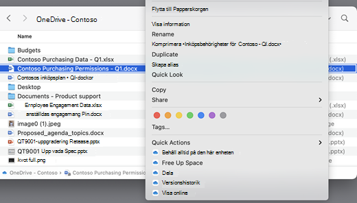 Visar en OneDrive-skärm med en öppen meny.