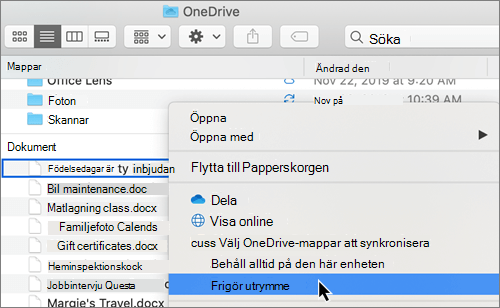 Skärmbild av alternativ för OneDrive Files på begäran i Finder på en Mac
