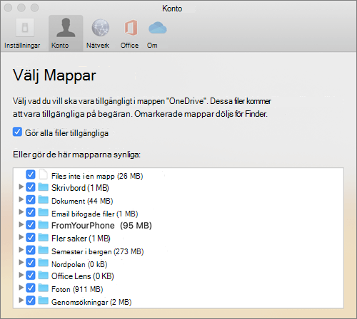 Dialogrutan Välj mappar under fönstret OneDrive för Mac Inställningar