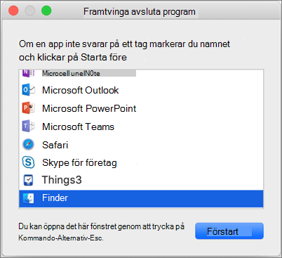 Skärmbild av Finder i dialogrutan Framtvinga avsluta program på en Mac