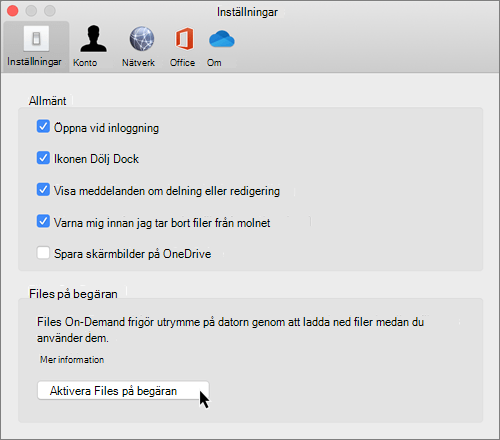 Skärmbild av Inställningar i Mac för OneDrive Files på begäran
