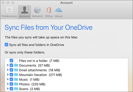 Dialogrutan Synkronisera mappar för OneDrive för Mac