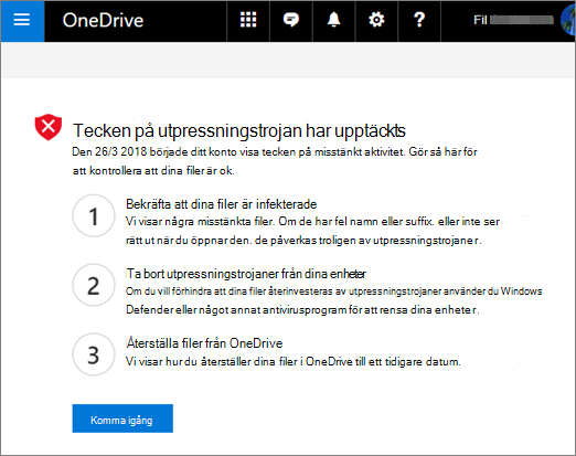 Skärmbild av skärmen Tecken på utpressningstrojaner som upptäckts på OneDrive-webbplatsen