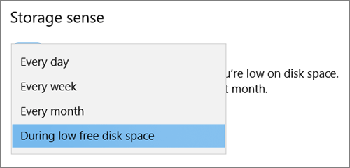 listrutemenyn Windows 10 Lagring med frekvens för att köra Storage Sense