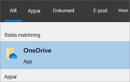 Skärmbild av att söka efter OneDrive-skrivbordsprogrammet i Windows 10