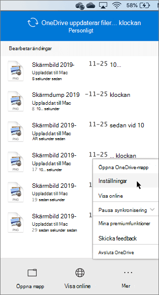 Skärmbild av hur du anger personliga inställningar för OneDrive