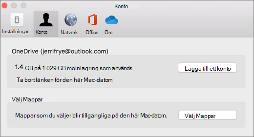 Skärmbild av hur du lägger till ett konto i OneDrive-inställningar på en Mac