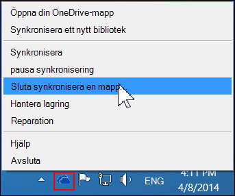Kommandot Stoppa synkronisering av en mapp i OneDrive för företag-menyn