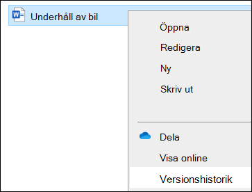 Utforskaren meny inklusive alternativet Versionshistorik.