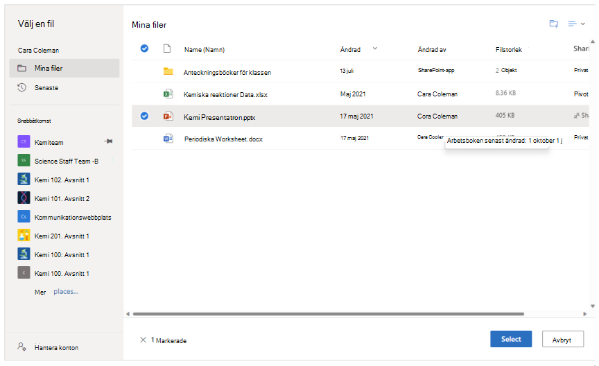 Bifoga ett OneDrive-dokument i en lista över kursmaterial för schoology.