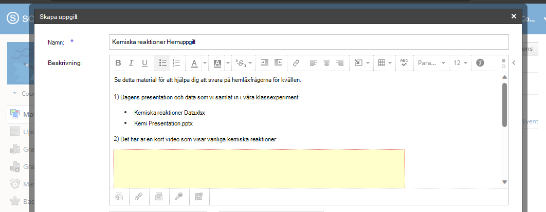 Länka eller bädda in OneDrive-dokument i Schoology RICH Text Editor och Formatera innehållet.