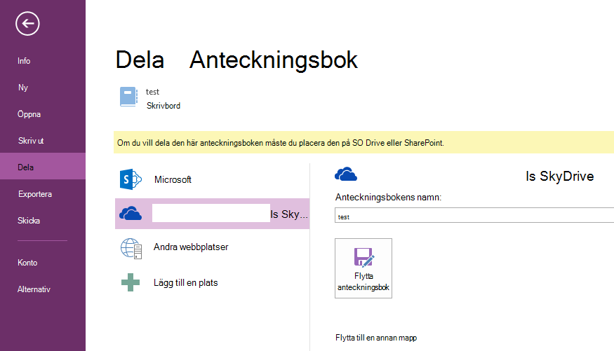 klicka på Flytta anteckningsbok