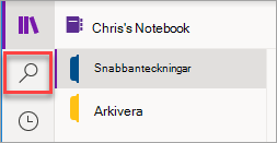 Sökknappens plats i OneNote för Windows 10.