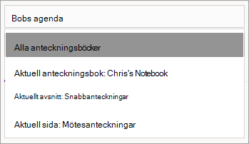 Justera sökningens omfattning i OneNote för Windows 10.