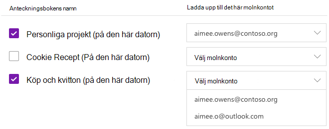 Markerade anteckningsböcker som ska laddas upp till ett molnkonto