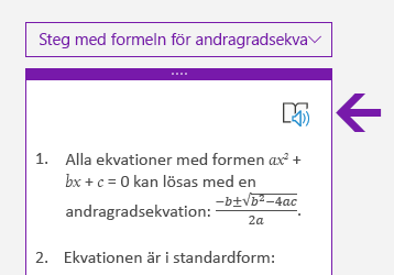 Ikon för Avancerad läsare i fönstret Matematik i OneNote för Windows 10