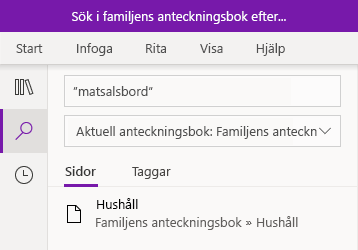 Söka efter en textfras i OneNote för Windows 10