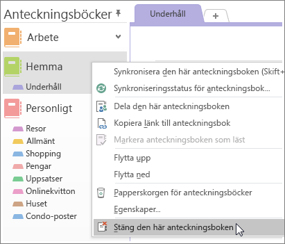 Skärmbild av hur du stänger en anteckningsbok i OneNote 2016.