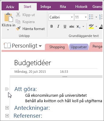 Skärmbild av hur du minskar en disposition i OneNote 2016.