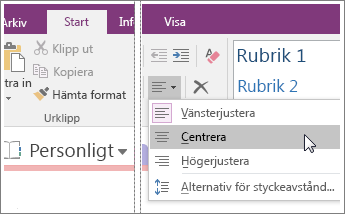 Skärmbild av knappen Styckejustering i OneNote 2016.