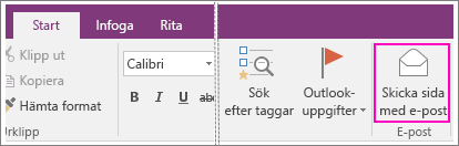 Skärmbild av knappen E-postsidan i OneNote 2016.